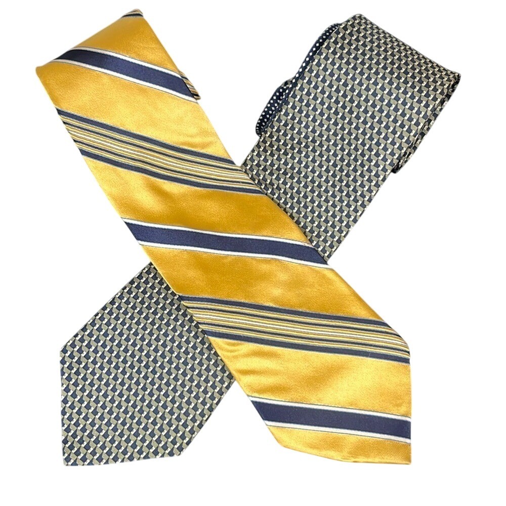 Tommy Hilfiger Yellow Blue green geometric Woven Striped Silk Ties XL 62" long